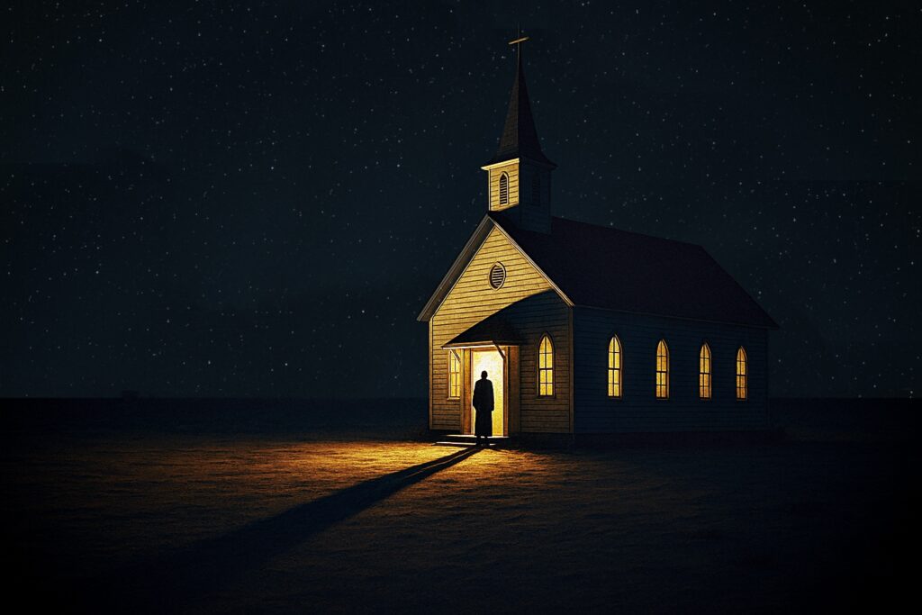 At night, a preacher stands in the glowing doorway of a white church, casting a long shadow across the sand beneath a starry sky.