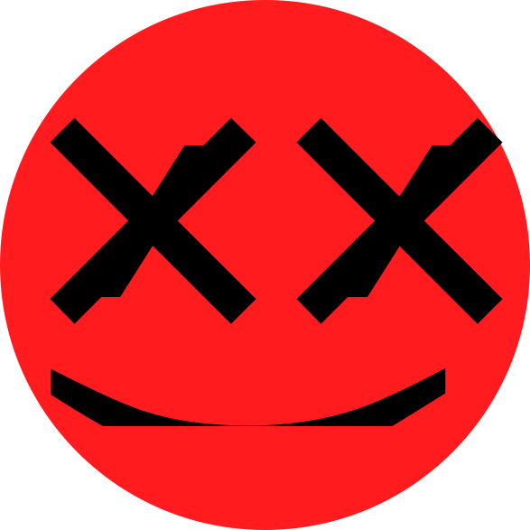 Literally Horror Symbol – Red Face with X Eyes Logo Red circular face with bold black X eyes and a crooked smile – Literally Horror logo symbolizing unsettling, haunting horror.