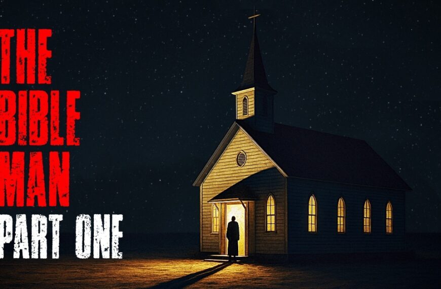 A lone preacher stands in the doorway of a glowing desert church at night, horror story artwork for The Bible Man Part One.