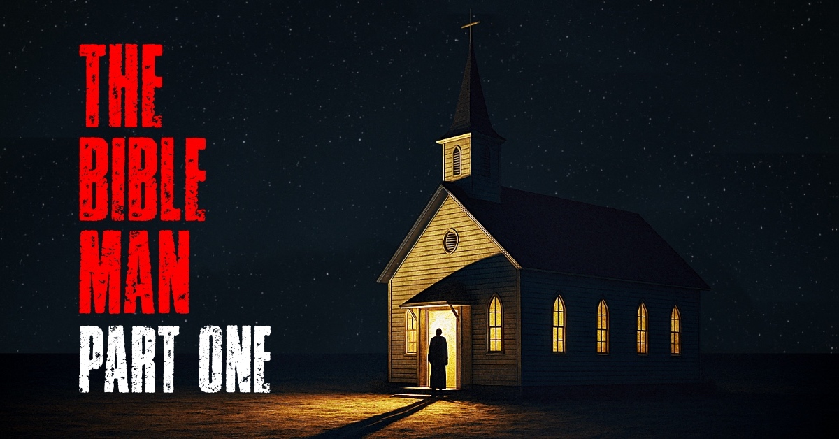 A lone preacher stands in the doorway of a glowing desert church at night, horror story artwork for The Bible Man Part One.