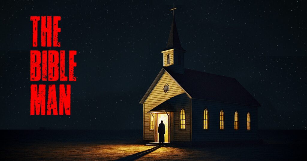 A lone preacher casts a long shadow outside a glowing white church under a starry sky, promotional artwork for The Bible Man horror story.