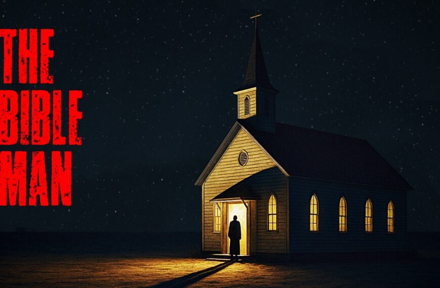 A lone preacher casts a long shadow outside a glowing white church under a starry sky, promotional artwork for The Bible Man horror story.