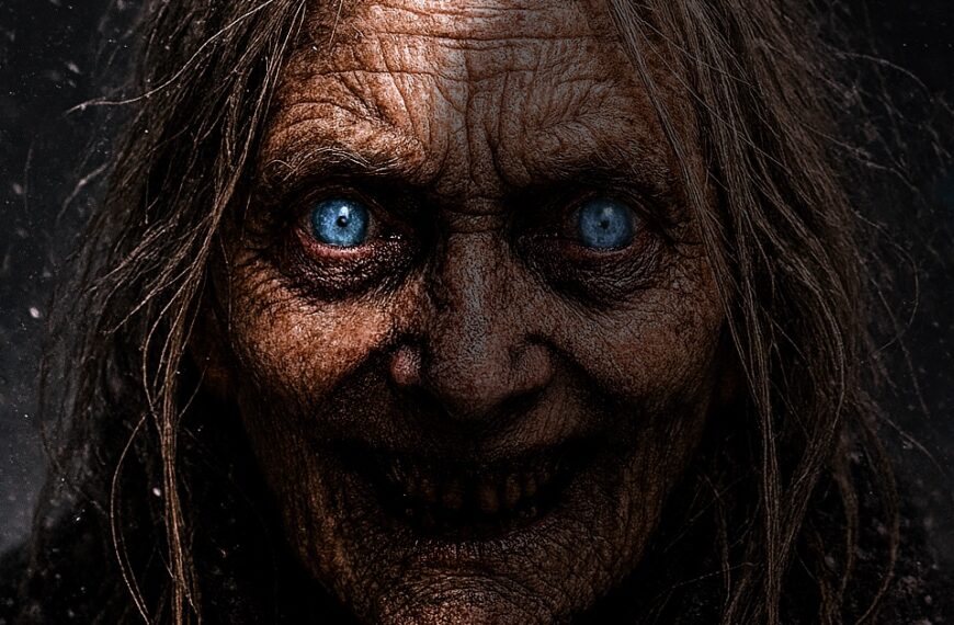 The Windwalker – a terrifying ancient woman with glowing blue eyes and a sinister smile, emerging from a snowy blizzard in this chilling Literally Horror image.