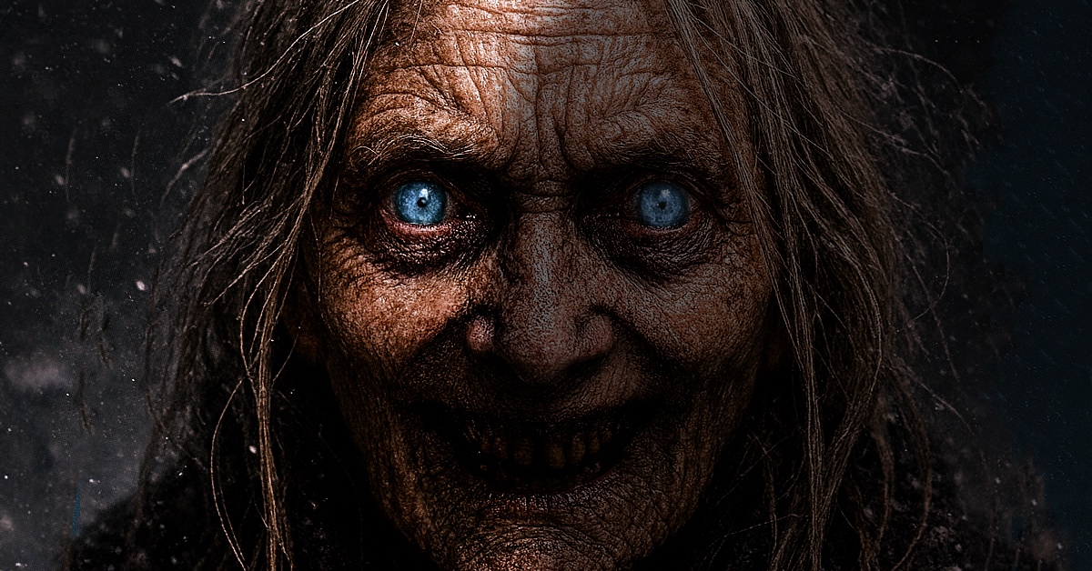 The Windwalker – a terrifying ancient woman with glowing blue eyes and a sinister smile, emerging from a snowy blizzard in this chilling Literally Horror image.