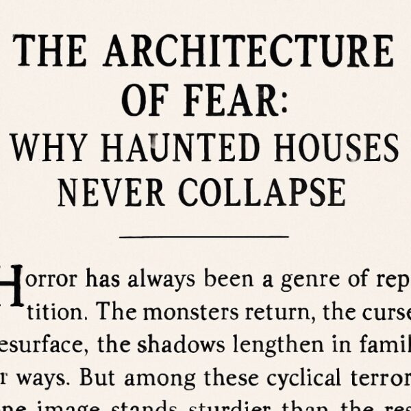 Vintage-style horror essay header titled “The Architecture of Fear: Why Haunted Houses Never Collapse,” evoking eerie permanence and the symbolism of haunted houses in horror literature.
