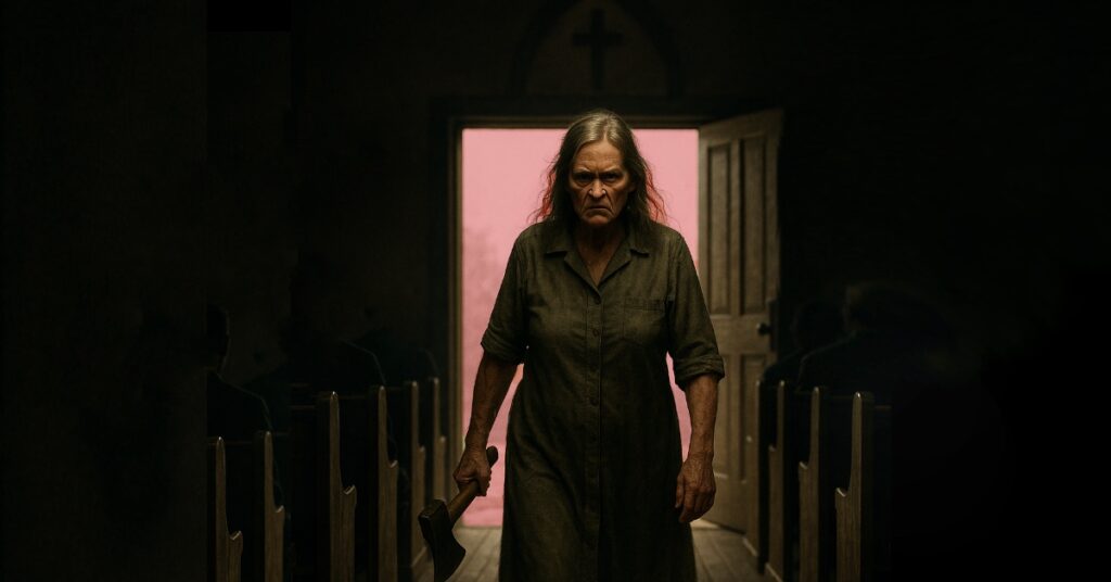 An older, angry woman stands in the doorway of a rural church, holding a heavy axe, her shadow stretching into the dark interior as the congregation sits in fearful silence.