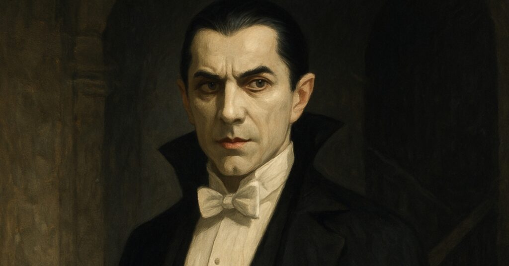 A haunting gothic portrait of Dracula in a stone castle, wearing a black cape and white bow tie, with piercing eyes and eerie atmosphere.