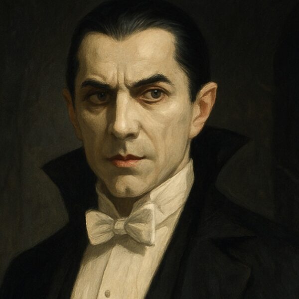 A haunting gothic portrait of Dracula in a stone castle, wearing a black cape and white bow tie, with piercing eyes and eerie atmosphere.