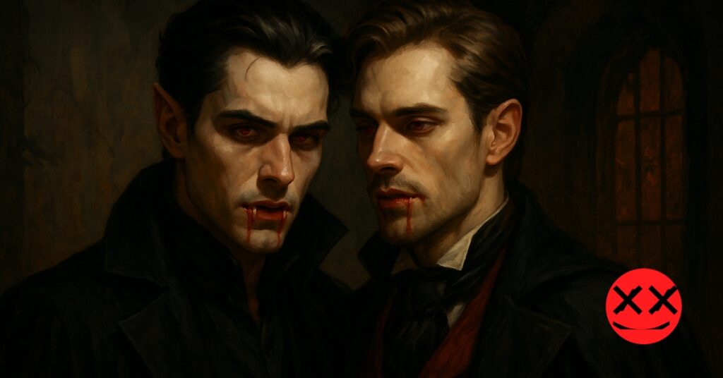 Two handsome vampire men standing close together under a blood-red moon in a gothic setting, symbolizing queer horror themes and romance.