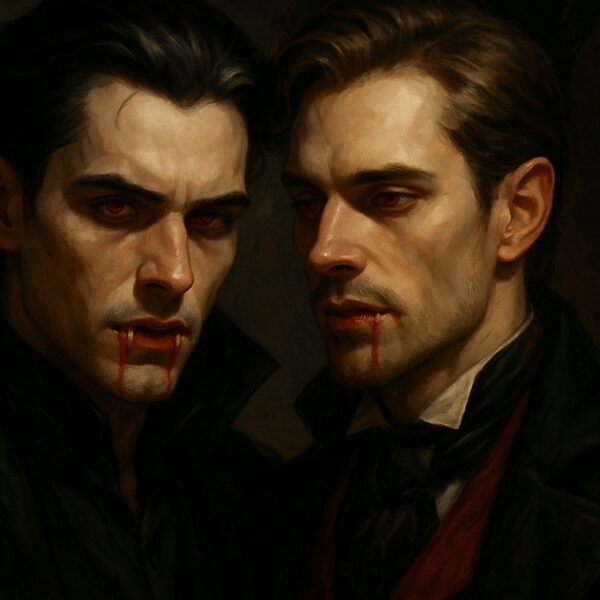 Two handsome vampire men standing close together under a blood-red moon in a gothic setting, symbolizing queer horror themes and romance.