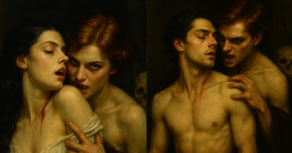 A dark, gothic painting split into two panels — one showing two women in a sensual vampire embrace, the other two men in a similar pose. Both scenes capture horror, desire, and danger, perfectly representing the themes of queer horror books.