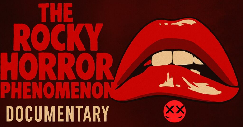 Dark retro image with bold red Rocky Horror lips and bold text reading “Rocky Horror Documentary,” symbolizing cult horror film culture.