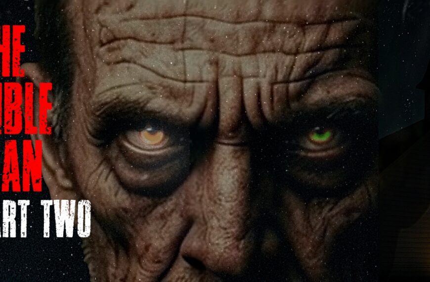Creepy close-up of Pastor Mason’s glowing eyes with a shadowy church silhouette and a lone figure at the doorway, promotional art for The Bible Man Part Two horror story.
