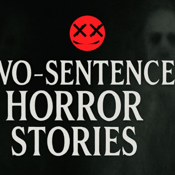 Dark eerie background with faint ghostly silhouette and bold text reading “Two-Sentence Horror Stories,” symbolizing Reddit’s viral horror trend.